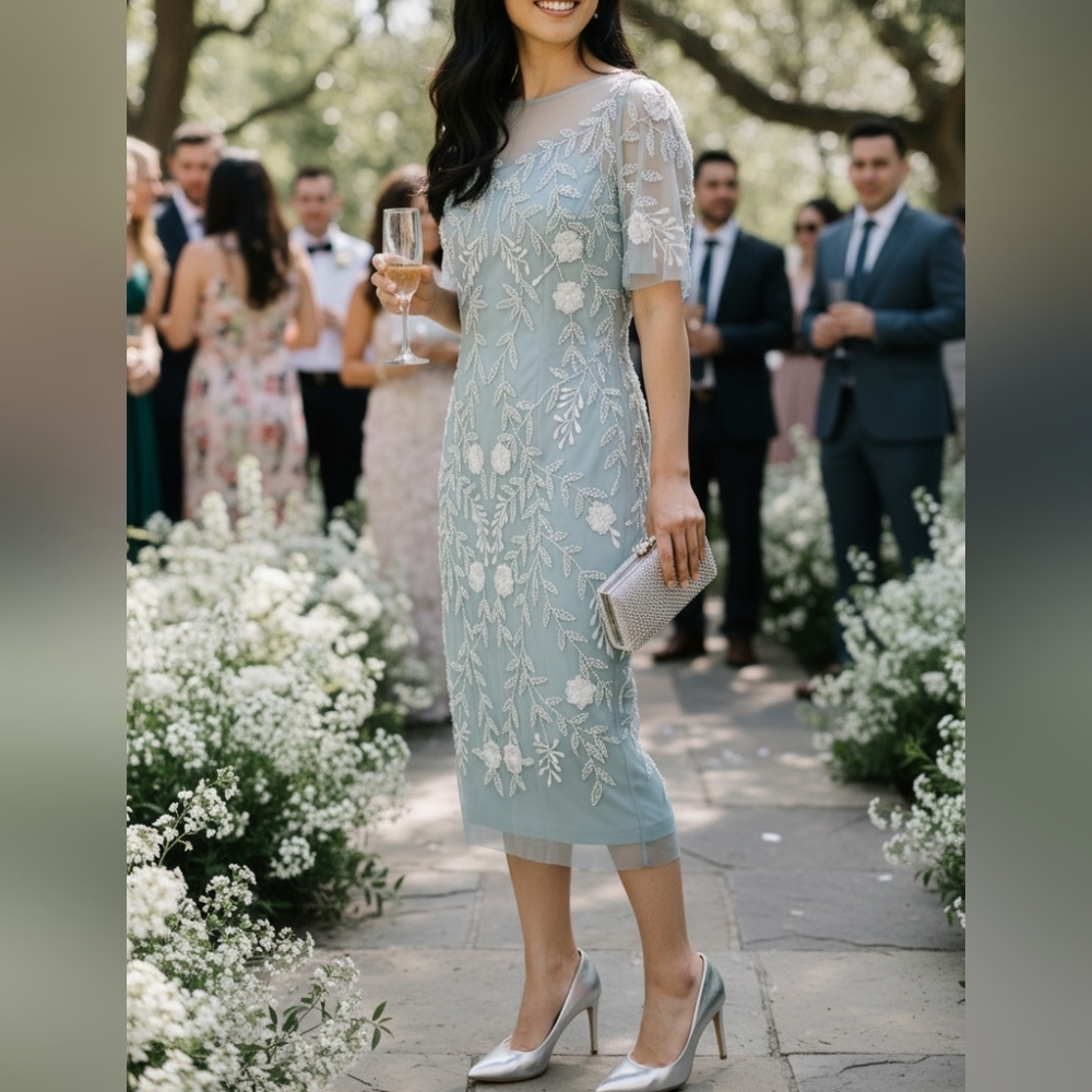 Adrianna Papell Icy Sage Embroidered Dress